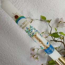 Hot Kommunionkerze Taufkerze lang Mädchen Jungen Lebensbaum blau grün gold Baum des Lebens Kreuz Regenbogen Name Datum Kommunionkerzen