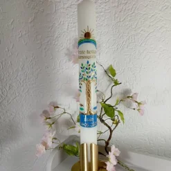 Hot Kommunionkerze Taufkerze lang Mädchen Jungen Lebensbaum blau grün gold Baum des Lebens Kreuz Regenbogen Name Datum Kommunionkerzen