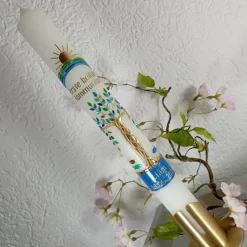 Hot Kommunionkerze Taufkerze lang Mädchen Jungen Lebensbaum blau grün gold Baum des Lebens Kreuz Regenbogen Name Datum Kommunionkerzen
