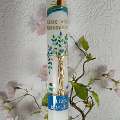 Hot Kommunionkerze Taufkerze lang Mädchen Jungen Lebensbaum blau grün gold Baum des Lebens Kreuz Regenbogen Name Datum Kommunionkerzen