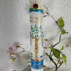 Hot Kommunionkerze Taufkerze lang Mädchen Jungen Lebensbaum blau grün gold Baum des Lebens Kreuz Regenbogen Name Datum Kommunionkerzen
