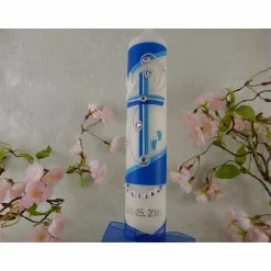 Sale Kommunionkerze Taufkerze lang Mädchen Jungen blau silber Kreuz Taube Schleife Name Datum individualisierbar 300/50 mm oder 400/40 mm Kommunionkerzen
