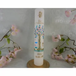 Kommunionkerze Taufkerze lang Mädchen Lebensbaum rosa blau grün gold Baum des Lebens Kreuz Fische Kelch Name Datum individualisierbar Kommunionkerzen