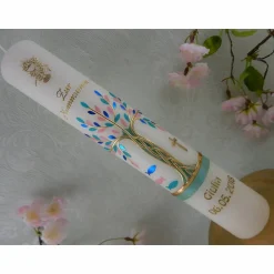 Kommunionkerze Taufkerze lang Mädchen Lebensbaum rosa blau grün gold Baum des Lebens Kreuz Fische Kelch Name Datum individualisierbar Kommunionkerzen