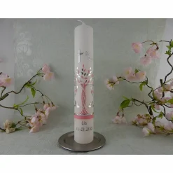 Best Kommunionkerze Taufkerze lang Mädchen Lebensbaum rosa silber Baum des Lebens Kreuz Sterne Name Datum individualisierbar Kommunionkerzen