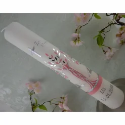 Best Kommunionkerze Taufkerze lang Mädchen Lebensbaum rosa silber Baum des Lebens Kreuz Sterne Name Datum individualisierbar Kommunionkerzen