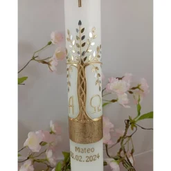 Best Kommunionkerze Taufkerze lang Mädchen Jungen Lebensbaum gold silber Baum des Lebens Kreuz  Name Datum individualisierbar Kommunionkerzen