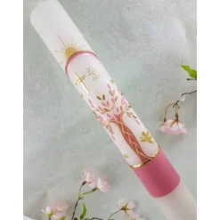 Discount Kommunionkerze Taufkerze lang Mädchen Lebensbaum rosa gold Baum des Lebens Kreuz Regenbogen Name Datum individualisierbar 400/40 mm Kommunionkerzen