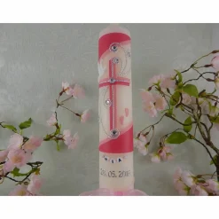 Sale Kommunionkerze Taufkerze lang Mädchen Jungen pink silber Kreuz Taube Schleife Name Datum individualisierbar 300/50 mm oder 400/40 mm Kommunionkerzen