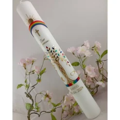 Hot Kommunionkerze Taufkerze lang Mädchen Jungen Lebensbaum regenbogen  Baum des Lebens Kreuz Regenbogen Name Datum i Kommunionkerzen