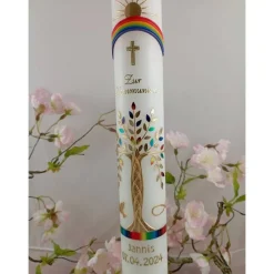 Hot Kommunionkerze Taufkerze lang Mädchen Jungen Lebensbaum regenbogen  Baum des Lebens Kreuz Regenbogen Name Datum i Kommunionkerzen