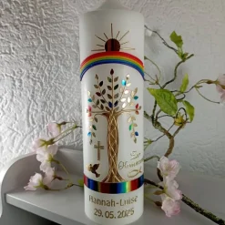 Taufkerzen|Lenz Kerzen Kommunionkerze Taufkerze Mädchen Jungen Lebensbaum bunt gold Baum des Lebens  Name Datum Spruch individualisierbar