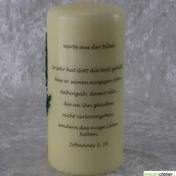 Clearance Konfirmationskerze in Elfenbein mit braunem Kreuz & Bibel – Optional mit Konfirmationsspruch Dekoration