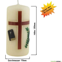 Hot Konfirmationskerze in Elfenbein mit braunem Kreuz & Bibel – Optional mit Konfirmationsspruch Dekoration