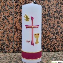 Hot Konfirmationskerze mit byzantinischem Kreuz, Taube, Wellen & Kelch – Weiß, personalisierbar Dekoration