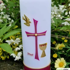 Hot Konfirmationskerze mit byzantinischem Kreuz, Taube, Wellen & Kelch – Weiß, personalisierbar Dekoration