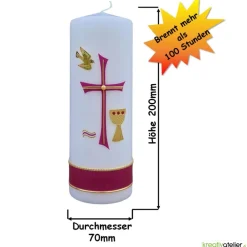 Hot Konfirmationskerze mit byzantinischem Kreuz, Taube, Wellen & Kelch – Weiß, personalisierbar Dekoration