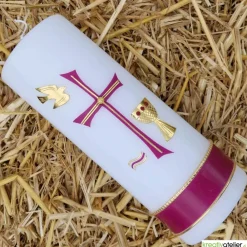 Hot Konfirmationskerze mit byzantinischem Kreuz, Taube, Wellen & Kelch – Weiß, personalisierbar Dekoration
