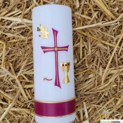 Hot Konfirmationskerze mit byzantinischem Kreuz, Taube, Wellen & Kelch – Weiß, personalisierbar Dekoration