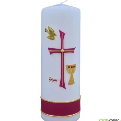 Hot Konfirmationskerze mit byzantinischem Kreuz, Taube, Wellen & Kelch – Weiß, personalisierbar Dekoration