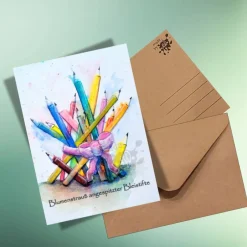 Kreative Einschulungskarte: Blumenstrauß aus Bleistiften – Postkarte DIN A6 auf Kraftpapier Kinder Einschulung