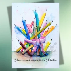 Kreative Einschulungskarte: Blumenstrauß aus Bleistiften – Postkarte DIN A6 auf Kraftpapier Kinder Einschulung