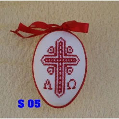 Clearance Kreuzstich Osterei Handarbeit gestickt  religiöses Motiv   12cm, rot weiß, Ostereier