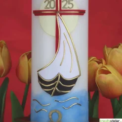 Clearance Licht der Auferstehung – Handgefertigte Osterkerze mit Kreuz, Segelschiff, Sonne, Alpha & Omega Osterkerzen