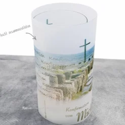 Dekoration|Reizvolle Karten und mehr Lichthülle Konfirmation, Kommunion oder Firmung "Kreuz im Meer" mit individuellem Spruch