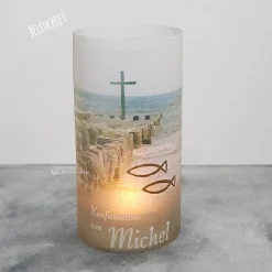 New Lichthülle Konfirmation, Kommunion oder Firmung - Kreuz im Meer - mit individuellem Spruch Dekoration
