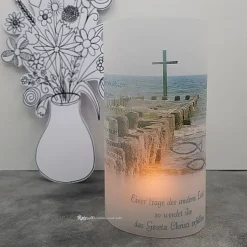 Lichthülle Konfirmation, Kommunion oder Firmung - Kreuz im Meer - mit individuellem Spruch Dekoration