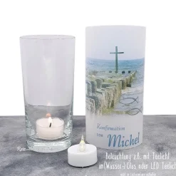 Lichthülle Konfirmation, Kommunion oder Firmung - Kreuz im Meer - mit individuellem Spruch Dekoration