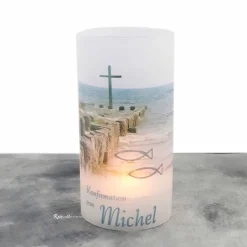 Lichthülle Konfirmation, Kommunion oder Firmung - Kreuz im Meer - mit individuellem Spruch Dekoration