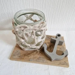Tischdekoration|Mareenkäfer handmade Maritimes Windlicht aus Makramee und Muscheln mit einem Anker aus Beton