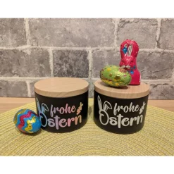 New Metall-Geschenkdose „Ostergrüße“ – kleine Osterverpackung in Holzoptik (ca. 6 × 8 cm) Geschenkverpackungen