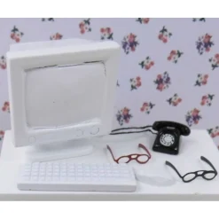 Bastelzubehör|SaBienchenshop Miniatur Monitor mit Tastatur und Brille – Deko fürs Wichtelbüro, Home Office, Puppenhaus & Basteln
