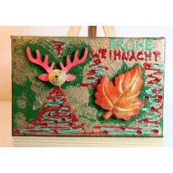 Online Minibild FROHE WEIHNACHT, kleine Collage Weihnachtsdeko mit Rentierkopf aus Holz, nette Tischdeko oder Gastgeschenk Weihnachtsgeschenke