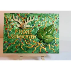 Weihnachtsdeko|Susanne Hiebl...die etwas andere Art! Minibild FROHE WEIHNACHTEN Minibild, kleine Weihnachtsdeko mit Rentierkopf aus Holz Blatt aus Styropor