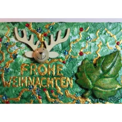 Weihnachtsdeko|Susanne Hiebl...die etwas andere Art! Minibild FROHE WEIHNACHTEN Minibild, kleine Weihnachtsdeko mit Rentierkopf aus Holz Blatt aus Styropor