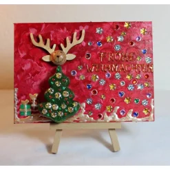 Clearance Minibild FROHE WEIHNACHTEN, kleine Collage Weihnachtsdeko mit Rentierkopf aus Holz, nette Tischdeko oder Gastgeschenk Weihnachtsgeschenke