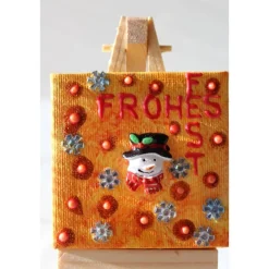 Hot Minibild FROHES FEST, kleine Collage Weihnachtsdeko mit Schneemannkopf aus Polyresin, nette Tischdeko oder Gastgeschenk Weihnachtsdeko