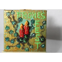 Discount Minibild FROHES FEST, kleine Collage Weihnachtsdeko mit Kerzenmotiv aus Polyresin, nette Tischdeko oder Gastgeschenk Weihnachtsgeschenke