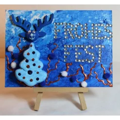 Clearance Minibild FROHES FEST Minibild, kleine Collage Weihnachtsdeko mit Rentierkopf aus Holz, nette Tischdeko oder Gastgeschenk Weihnachtsdeko