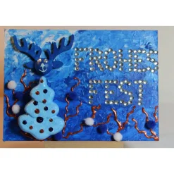 Clearance Minibild FROHES FEST Minibild, kleine Collage Weihnachtsdeko mit Rentierkopf aus Holz, nette Tischdeko oder Gastgeschenk Weihnachtsdeko