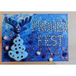 Clearance Minibild FROHES FEST Minibild, kleine Collage Weihnachtsdeko mit Rentierkopf aus Holz, nette Tischdeko oder Gastgeschenk Weihnachtsdeko