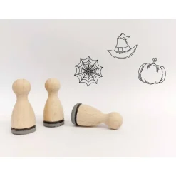 Einladungskarten|SelfmadeStudio Ministempelset Halloween | 3 Stempel mit 12mm Durchmesser | Holzstempel Halloween / Allerheiligen | Spinnennetz Hexenhut