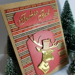 Weihnachtskarten|Rosarium Modern frech flotter Hirsch Weihnachts Karte gold mit Zylinder modern handgefertigt