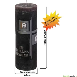 Best moderne, dunkle  Trauerkerze Alpha Omega mit Kreuz in silber und Echtwachsbeschriftung, Gedenkkerze, personalisierbar Trauerkerzen