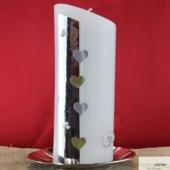 Sale Moderne Hochzeitskerze oval abgeschrägt mit silbernen und goldenen Herzen, personalisierbar, edle Hochzeitsdeko Hochzeitskerzen