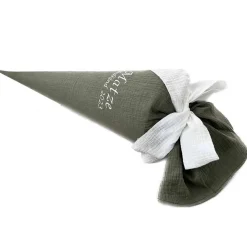 Discount Musselin Schultüte in khaki, Zuckertüte im Nostalgielook, mit Namen und Schulkind bestickt, in vielen Farben Kinder Schultüten